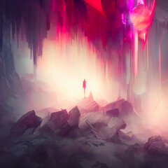 Fototapeta premium Fantasy landscape, fissure, darkness, light, sun, people in backlight in a science fiction landscape, mountains and rock formation, cave. Dreaming world. Generative AI 