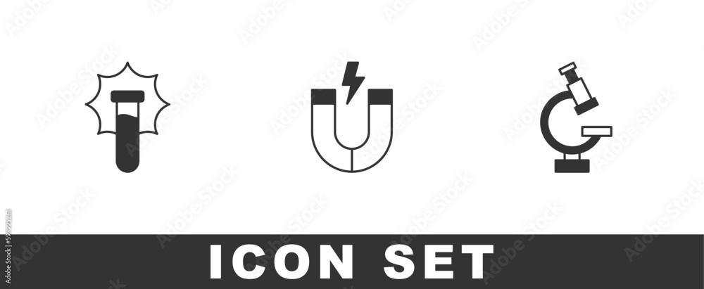 Poster set explosion in the flask, magnet and microscope icon. vector
