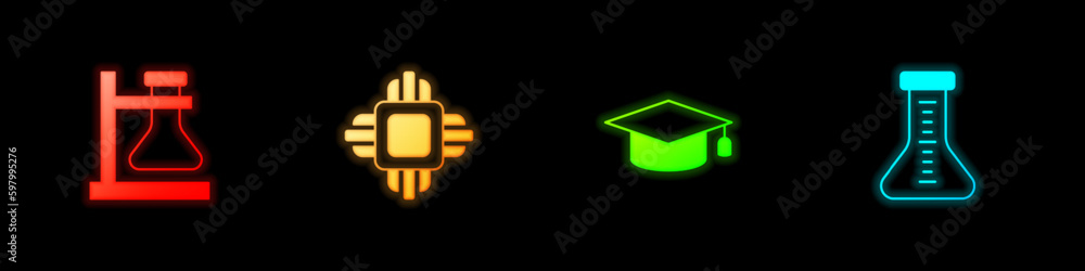 Poster set test tube flask on stand, processor cpu, graduation cap and icon. vector