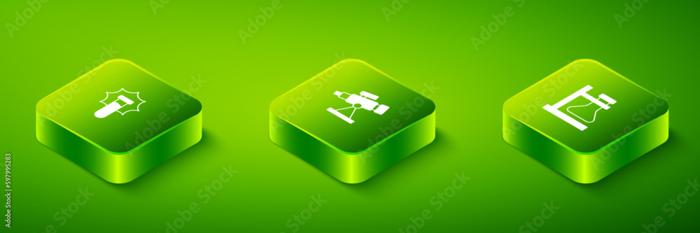 Poster set isometric telescope, test tube flask on stand and explosion in the icon. vector