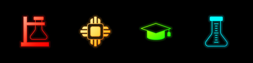 Set Test tube flask on stand, Processor CPU, Graduation cap and icon. Vector