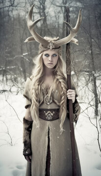 Brunhild the shieldmaiden or valkyrie, a powerful viking amazon queen. Generative AI illustrations