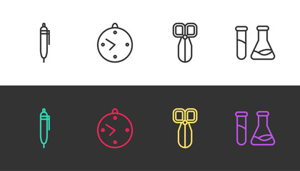 Set line Pen, Clock, Scissors and Test tube and flask on black and white. Vector