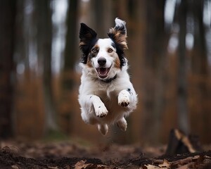 AI generated a portrait of a dog completely in the air during a jump in the middle of the forest.