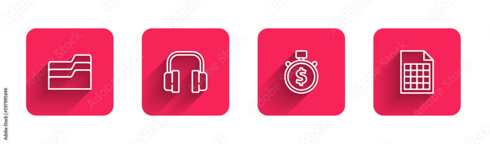 Poster set line document folder, headphones, time is money and file document with long shadow. red square b