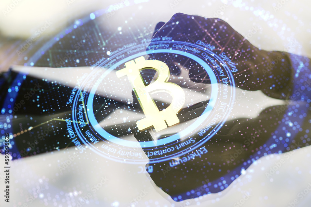 Poster double exposure of creative bitcoin symbol hologram and hand working with a digital tablet on backgr