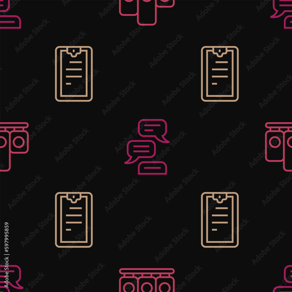 Poster set line ranking star, clipboard with checklist and speech bubble chat on seamless pattern. vector