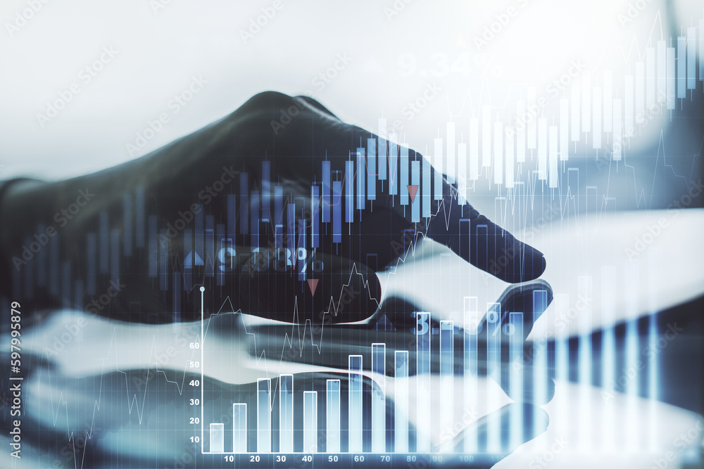Poster multi exposure of abstract creative financial graph with finger presses on a digital tablet on backg