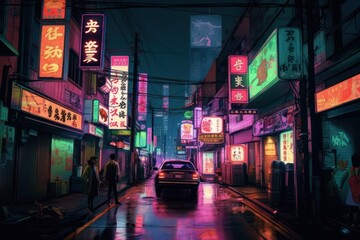 Fototapeta na wymiar Cyberpunk Tokyo Neon Japanese Cityscape Vintage City Illustration