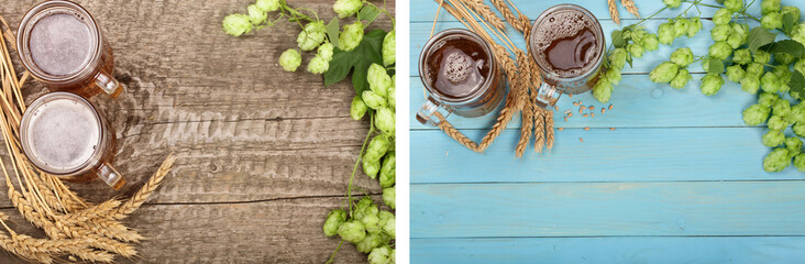 glass of foamy beer with hop cones and wheat on old wooden background. Top view with copy space for your text