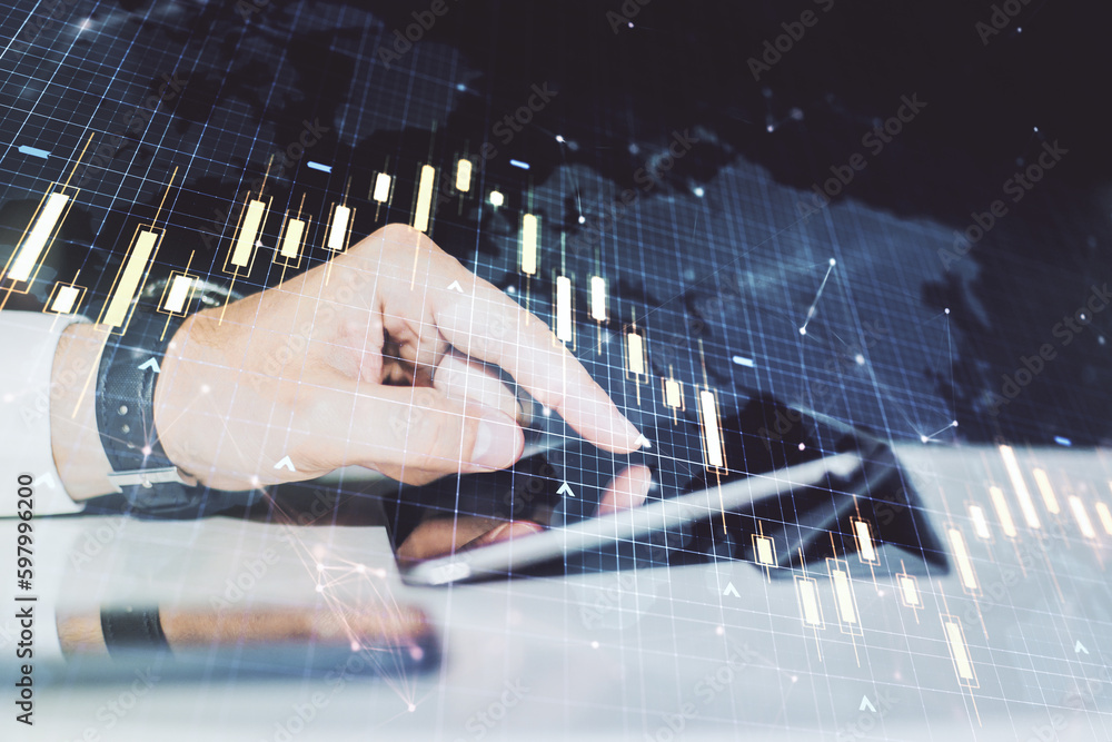 Poster multi exposure of abstract financial diagram with world map and hand working with a digital tablet o