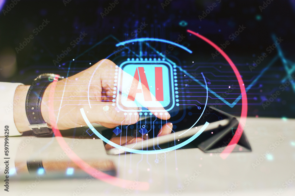 Poster double exposure of creative artificial intelligence abbreviation and hand working with a digital tab