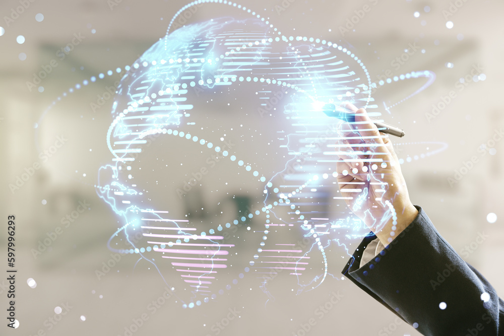 Poster man hand with pen working with abstract graphic digital world map with connections on blurred office
