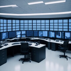 Empty interior of big modern security system control room Generative AI