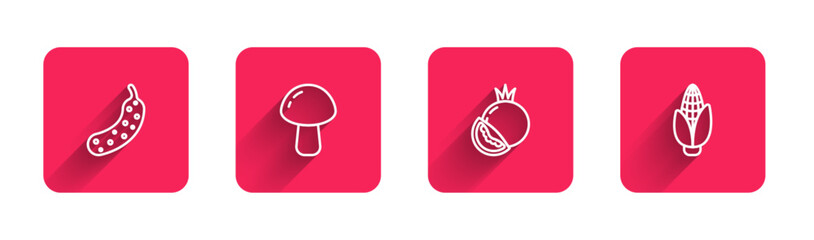 Set line Fresh cucumber, Mushroom, Tomato and Corn with long shadow. Red square button. Vector