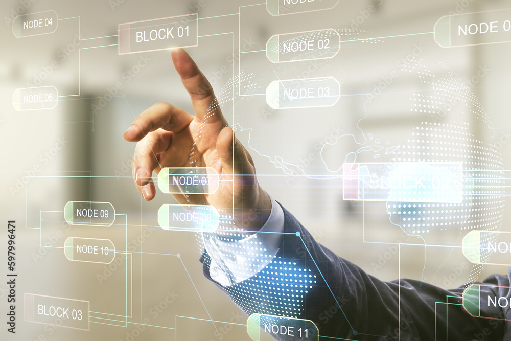 Poster Multi exposure of developer's hand presses on abstract software development hologram and world map on blurred office background, global research and analytics concept