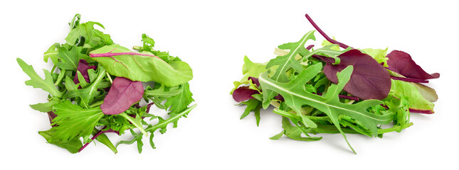 Mix of different salads isolated on white background. Top view. Flat lay