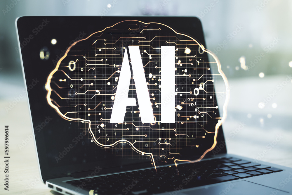 Fototapete creative artificial intelligence concept with human brain sketch on modern computer background. doub