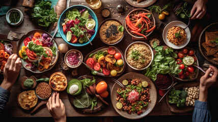 Fototapeta premium Vegan vegetarian lifestyle eat together family friends healthy trend party eat drink fun celebrate