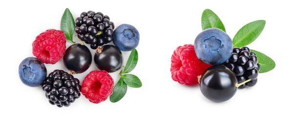 mix of blackberry blueberry raspberry isolated on white background. Top view. Flat lay pattern