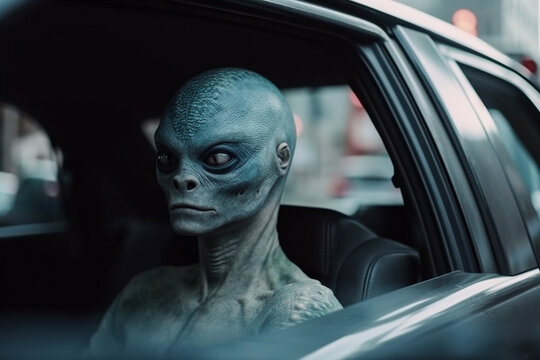 assimilated extraterrestrial alien guy drives a car in a big city, created with generative ai
