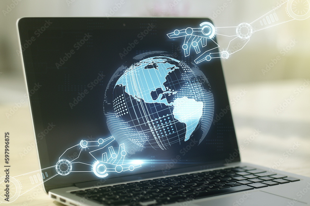 Poster creative abstract robotics technology hologram with globe on modern computer background, artificial 