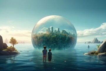 Abstract concept of the earth and ocean day with glass globe and children. Generative AI.	