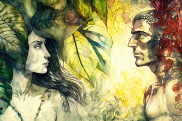 Biblical scene of Adam and Eve in Eden, watercolor illustration. Generative AI.