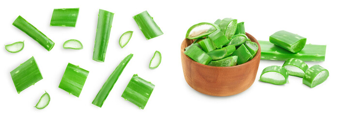 Aloe vera sliced isolated on white background. Top view. Flat lay.