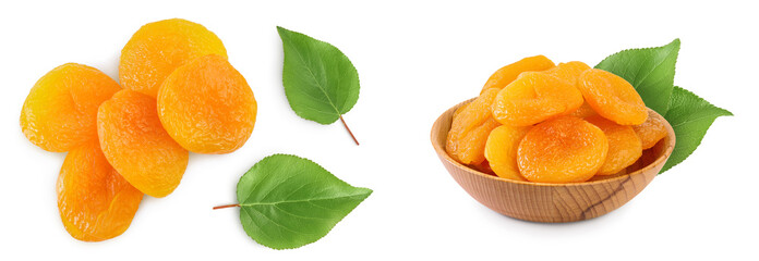Dried apricots isolated on white background with full depth of field. Top view. Flat lay