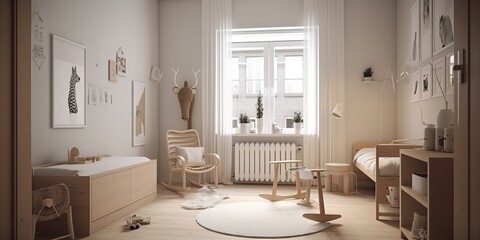 AI Generated. AI Generative. Photorealistic nursery room in cozy warm family scandinavian style. House appartment lifestyle love big family kids vibe. Graphic Art