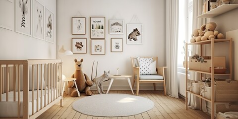 AI Generated. AI Generative. Photorealistic nursery room in cozy warm family scandinavian style. House appartment lifestyle love big family kids vibe. Graphic Art - obrazy, fototapety, plakaty