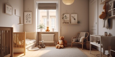 AI Generated. AI Generative. Photorealistic nursery room in cozy warm family scandinavian style. House appartment lifestyle love big family kids vibe. Graphic Art
