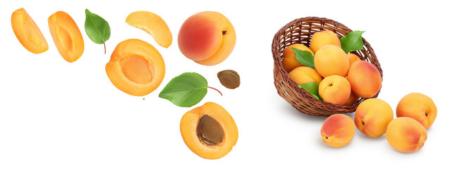 apricot fruit with half and slices isolated on white background. . Top view with copy space for your text. Flat lay