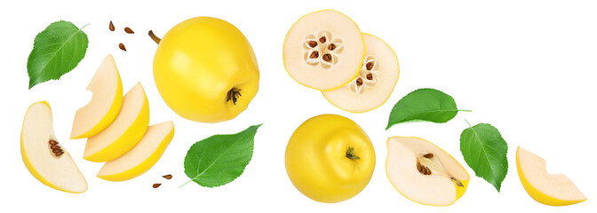 Fresh quince with half and slices isolated on the white background with full depth of field. Top view. Flat lay