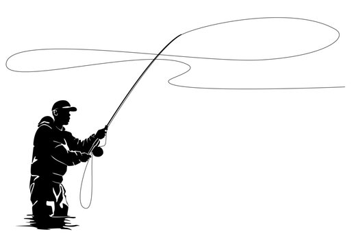 Fly fisherman fishing.graphic fly fishing.clip art black fishing on white background.