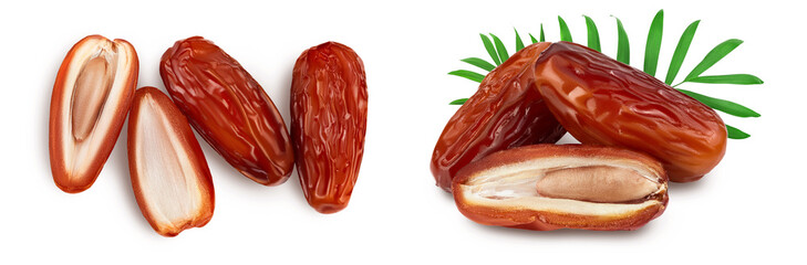 Dates isolated on white background . Top view. Flat lay