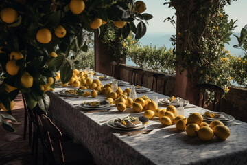 A stunning table setup featuring lemons and lemon trees, with a rustic and elegant atmosphere. Ai generated.