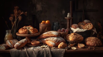 Fototapeta premium AI Generated. AI Generative. A lot of different fresh baked bread products and deserts. Bakerhouse warm vibe. Graphic Art