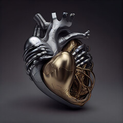 3D human heart with golden accents on dark background