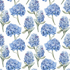 Seamless pattern with many blue hyacinths on white background in watercolor style. Generative AI.