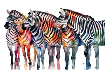 Fototapeta premium Watercolor painting of an zebras on a white background. Wildlife Animals. Illustration, generative AI.