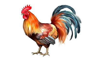 Fototapeta premium Image of rooster standing on white background. Farm animal. illustration, generative AI.