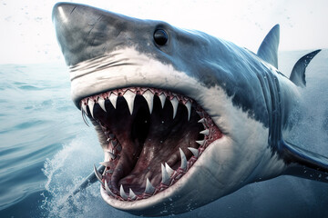 An angry big shark opens its mouth wide with sharp teeth. Animal. Fish. Generative ai.