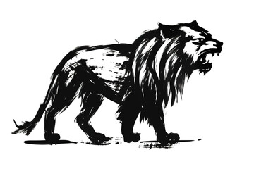Fototapeta premium Image of a lion drawing using a brush and black ink on white background. Wildlife Animals. Illustration, generative AI.