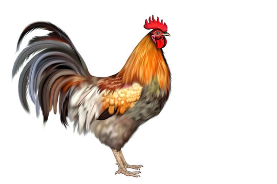 Image of rooster standing on white background. Farm animal. illustration, generative AI.