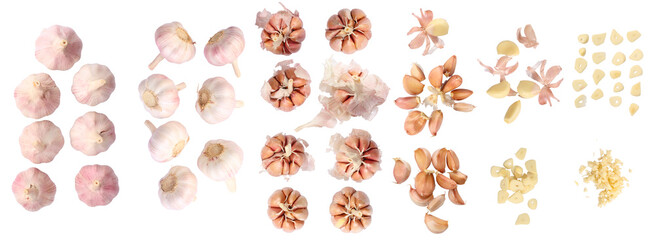 Set of fresh whole, peeled, sliced and chopped  garlic isolated on white background. Image on top view. - Powered by Adobe