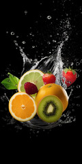 a lot of fruits in a water sliced artwork, generative ai technology