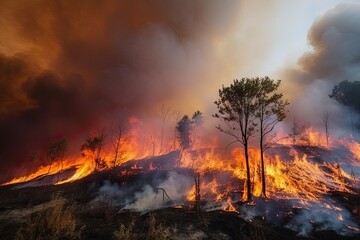 Astonishing ecological calamity represented by an extensive, raging forest fire. Generative AI
