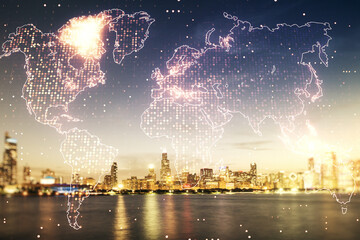 Plakat Abstract creative world map interface on Chicago skyline background, international trading concept. Multiexposure